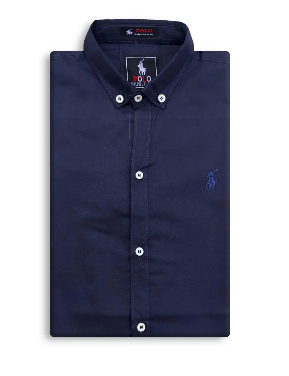 Navy blue shirt with plain white background