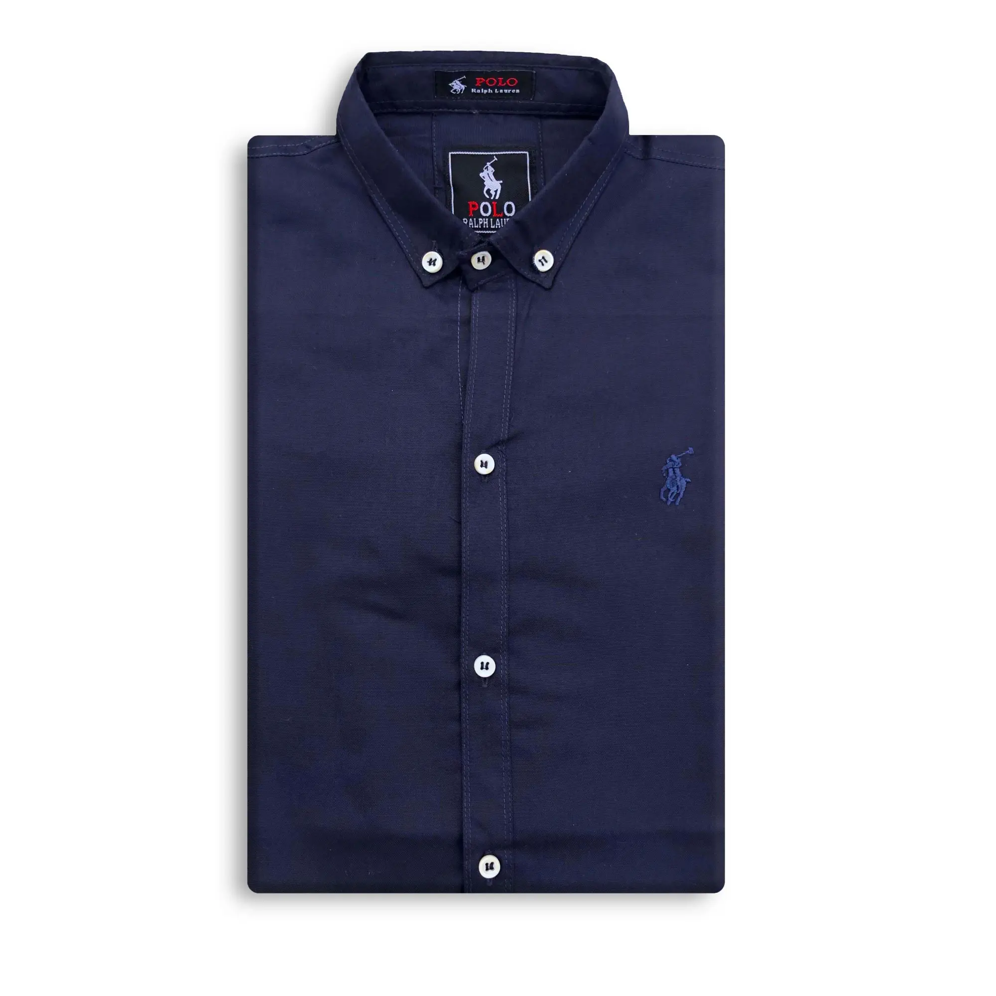 Navy blue shirt with plain white background